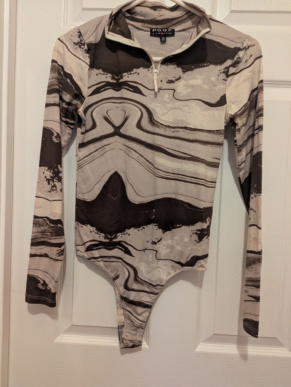 Poof! Marble-Print Long Sleeve Bodysuit - Beige & Brown